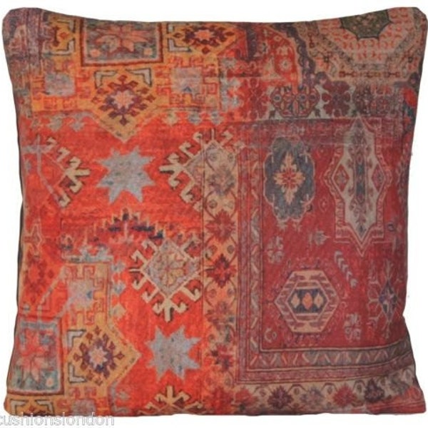 Red Cushion Cover Ethnic Rug Square Design Kilim Morrocco Oriental Style Printed Cotton Fabric Rusty Orange Throw Pillow Case