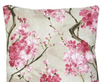Cherry Blossom Cushion Cover Pink Tree Throw Pillow Case Designer Printed Cotton Fabric Grey Country 16" 18" 20" 22" 24"