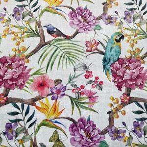 Birds of Paradise Printed Velvet Parrots on Floral Branches Fabric Sold ...