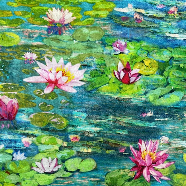 Tissu Coton Lotus au mètre Nénuphar Peinture Impressionniste Artistique Bleu