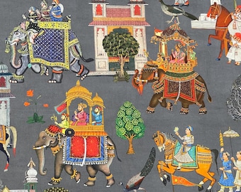 Elephants and Palms - Pattern Jaipur on Grey Cotton Oriental Fabric for Home Decor