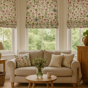 Bay window living room with wildflower Roman blinds in floral linen-look fabric, styled with beige sofa and botanical cushions