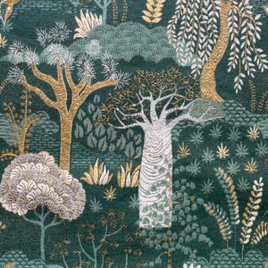 May include: A detailed fabric pattern featuring a forest scene with trees in gold, white, and green hues. The design includes various tree types, foliage, and a dark green background, creating a textured, naturalistic aesthetic.