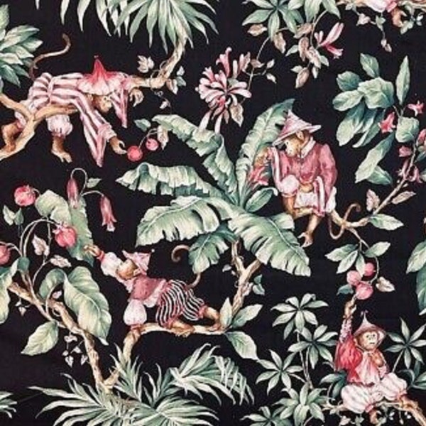 Jungle Monkeys Guarana Tree Flowers Forest Vintage Style Black Printed Cotton Textile Designers Fabric
