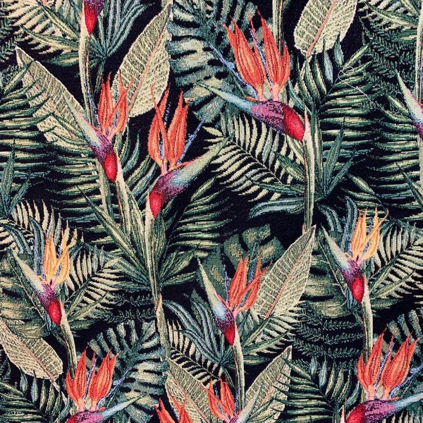 Fern Birds Of Paradise Black Woven Fabric By Yard Meter Botanical Sewing Material By Meters Yards Green Tropical Printed Upholstery Textile