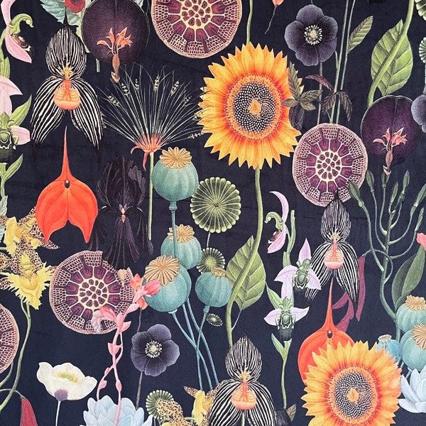 Mak, słonecznik, aksamit, nadruk na metry, rośliny botaniczne, niebieski, czarny, turkusowy, zielony, żółty