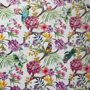 Birds of Paradise Printed Velvet Parrots on Floral Branches Fabric Sold ...