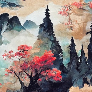 Landscape Velvet Fabric Japanese Mountains Forest Trees for Home Decor, Upholstery, Curtains, Art and Crafts