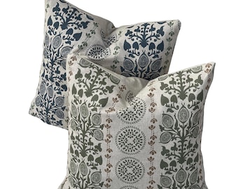 Folk Medallion Cushion Cover: Blue Green Botanical Stripe Linen-Look Pillow
