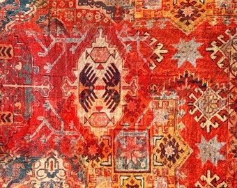 Rusty Red Rug Printed Cotton Fabric Burned Orange Kilim Oriental Pattern Moroccan Ethnic Style Home Decor