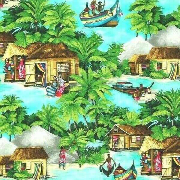 Manuel Canovas Bora Bora Printed Cotton Fabric Green Blue Sold by metre