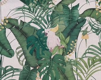 Royal White Cockatoo Cotton Fabric for Home Decor with Botanical Tropical Jungle Pattern Green Fern Leaves Plants Trees and Parrot Birds