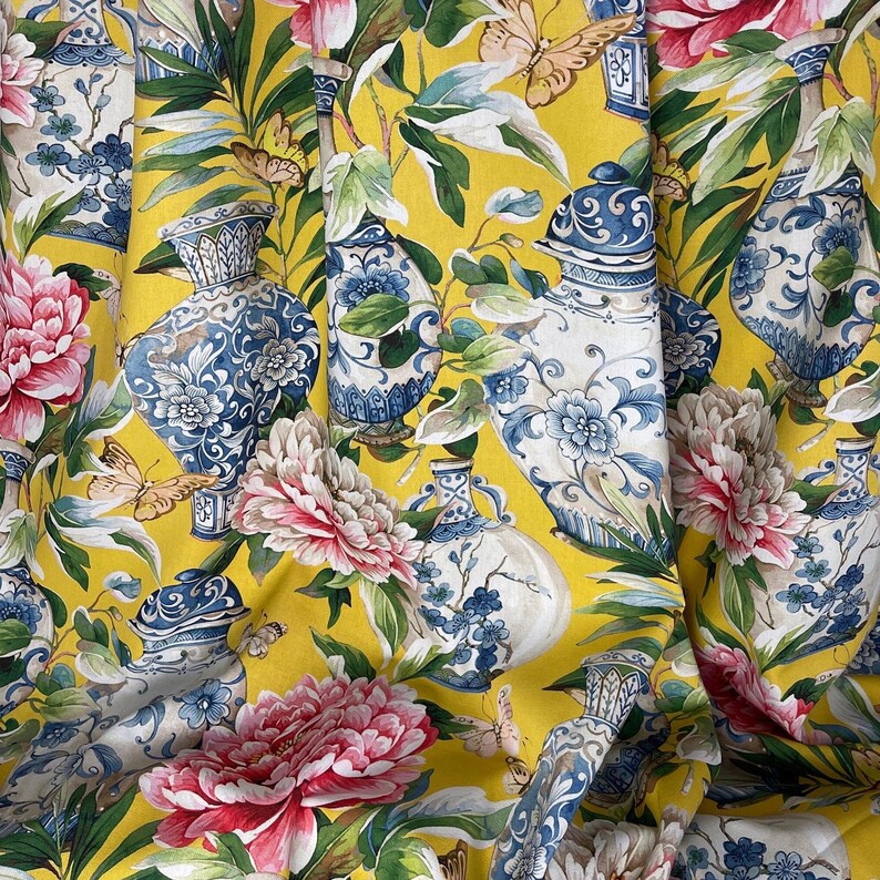 Chinoiserie Cotton Fabric: Yellow Peony Floral Print for Upholstery ...