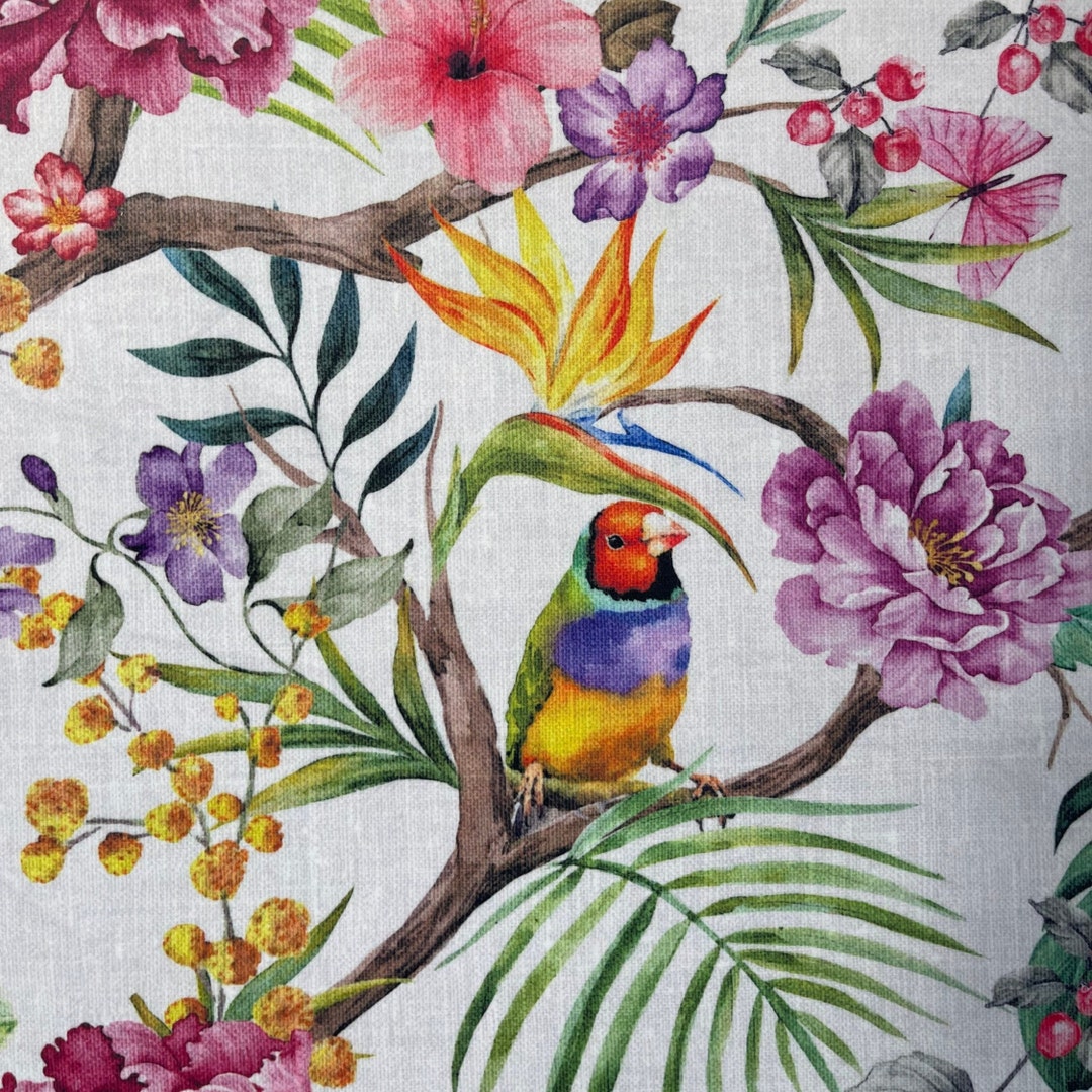 Birds of Paradise Printed Velvet Parrots on Floral Branches Fabric Sold ...