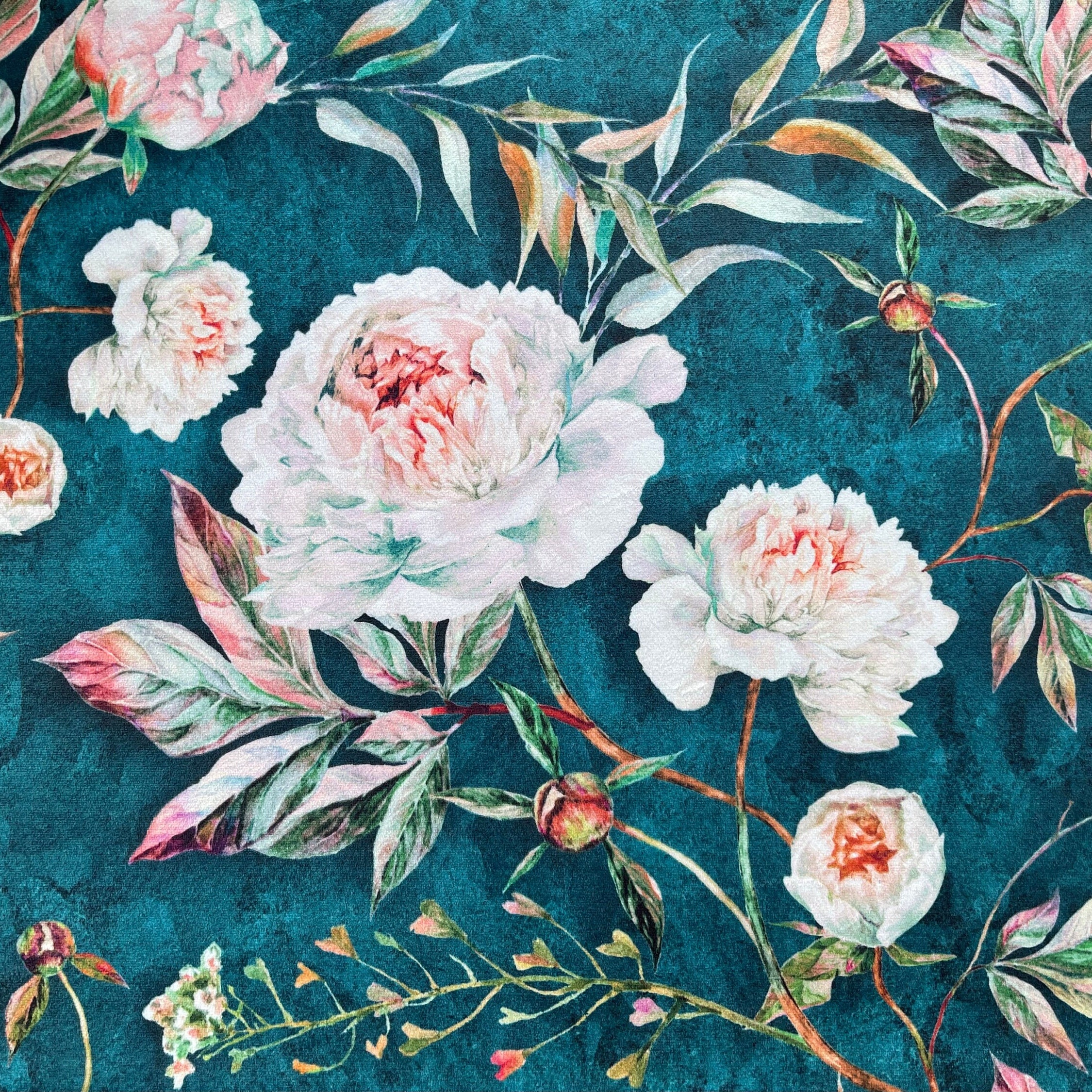 Light Pink Roses in Bloom Printed on Teal Color Velvet - Sold by Meter for Your Next DIY Project
