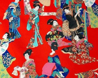 Red Geisha Cotton Fabric: Japanese Kimono Floral Print