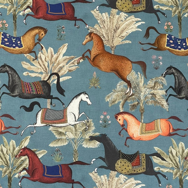 Arabian Horses Printed Cotton Blue Fabric Palm Tree Animal Stallion