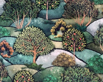 Apple Tree Forest Printed Cotton Fabric: Green Vintage Style