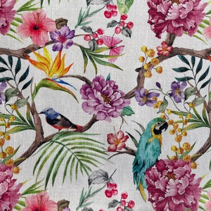 Birds of Paradise Printed Velvet Parrots on Floral Branches Fabric Sold ...
