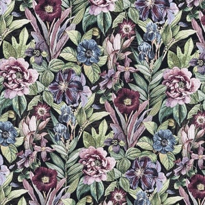 May include: A seamless pattern featuring a variety of flowers in shades of purple, pink, and blue. The flowers are surrounded by green leaves and set against a dark background.