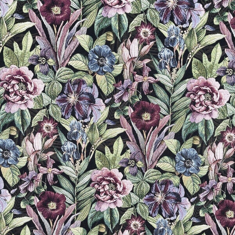May include: A seamless pattern featuring a variety of flowers in shades of purple, pink, and blue. The flowers are surrounded by green leaves and set against a dark background.