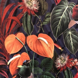 Deep Jungle Upholstery Printed Velvet Fabric Floral Material Green Orange Tropical Pattern