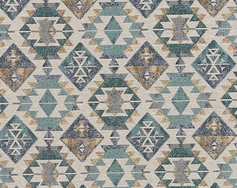 Rustic Diamond Geometric Woven Fabric by Metre | Blue Green Beige Home Decor Textile