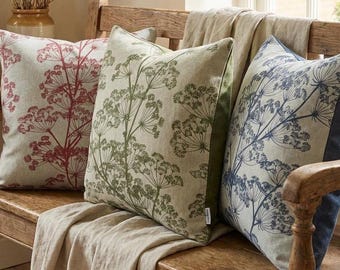 Cow Parsley Botanical Linen-Look Cushion Cover – Farmhouse Floral Pillow (Red, Green, Blue)