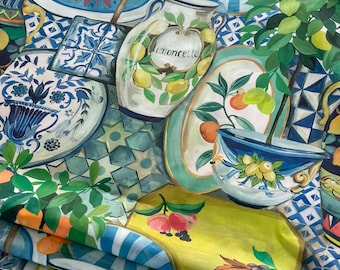 Organic Cotton Botanical Fabric Mediterranean Citrus Print with Lemons and Mandarins in Garden Pots