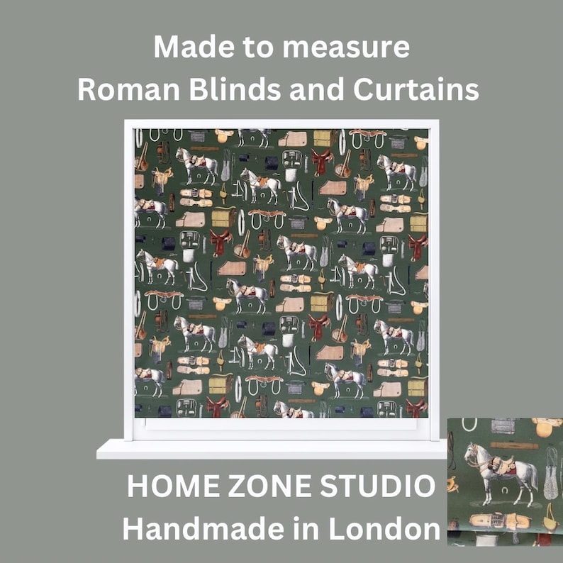 May include: A green Roman blind with a horse and riding equipment pattern. The blind is made to measure and is handmade in London. The text "HOME ZONE STUDIO" is printed below the blind.