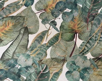 Tropical Oasis Fabric: Green Leaves Botanical Print Cotton