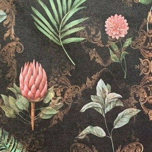 Embossed Velvet Fabric: Baroque Botanical Leaf Pattern, Golden Yellow & Pink - Sold by Metre