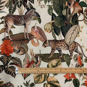 Tissu coton/lin imprimé Royaume de la jungle Animaux Singe Zèbre Léopard Floral Botanique Feuilles Avoine RÉDUIT