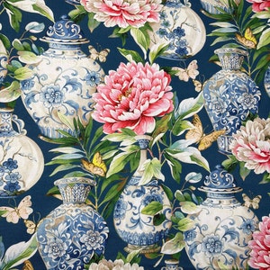 Blue Jardin Cotton Fabric by Metre Botanical Floral Asian Oriental Vase