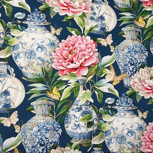 Blue Jardin Cotton Fabric - Botanical Floral Print with Asian Oriental Vases & Roses for Home Decor