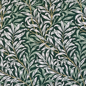 Può includere: Un motivo ripetitivo di foglie bianche e verdi su uno sfondo verde scuro. Le foglie sono stilizzate e hanno un aspetto delicato, quasi fantasioso. Il motivo ricorda un design tradizionale di carta da parati o tessuto.
