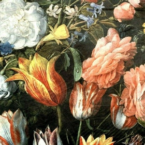 Tessuto in velluto italiano floreale con grandi tulipani del Rijsk Museum Arts Water Drops venduto al metro