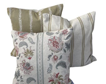 Farmhouse Cushion Covers Linen Look Floral Stripe Gold Vine Botanical Pillow Case Cottage Country