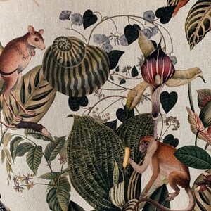 Jungle Kingdom Cotton Fabric By metre Animal Monkey Zebra Leopard Floral Botanical Mushroom Shells Leaves Oatmeal Green Red Orange Brow