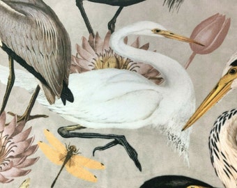 Herons Dragonflies Japanese Design Lotus Beige White Black Birds Italian Velvet