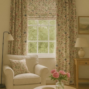 Cozy cottage-style living room featuring wildflower curtain panels and Roman blind in pink thistle fabric, paired with soft furnishings and wood furniture