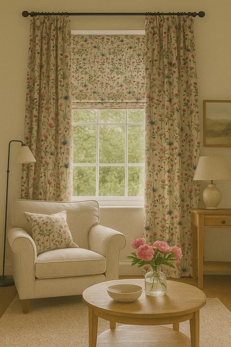 Cozy cottage-style living room featuring wildflower curtain panels and Roman blind in pink thistle fabric, paired with soft furnishings and wood furniture