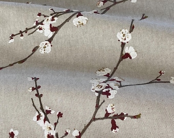Sakura Blossom Linen Look Fabric – Japanese Floral Cotton Blend Curtain & Upholstery