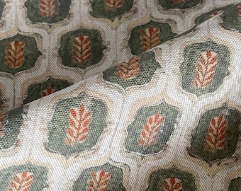 Olive Green Rust Leaf Trellis Fabric – French Country Cotton Linen Blend