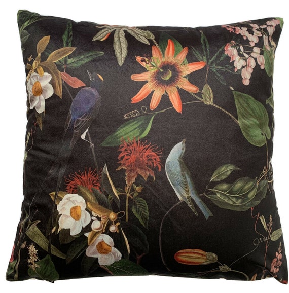 Floral Pattern Passiflora Italian Velvet Digital Print Cushion Cover Birds Flowers Black Green Red Yellow Blue Botanical Throw Pillow Case