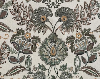 Verdant Heirloom Floral Cotton Linen Look Fabric – Botanical Curtain Upholstery Home Decor Fabric