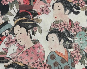Japanese Geisha Blossom Cotton Fabric – Vintage Oriental Kimono Print