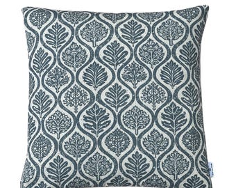 Slate Blue Ogee Cushion Cover, Botanical Leaf Pillow, Linen Look Throw, Scandinavian Farmhouse Decor