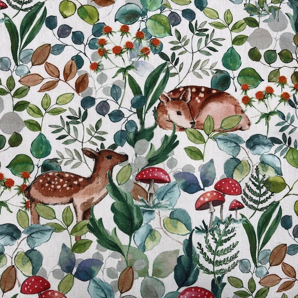 Tissu en coton botanique imprimé Chers et hérissons Bambi au mètre / Chambre d'enfants