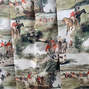 Hunting Season Printed Cotton Fabric Horses Dog Fox Landscape Forest Pointer Greyhound Trees